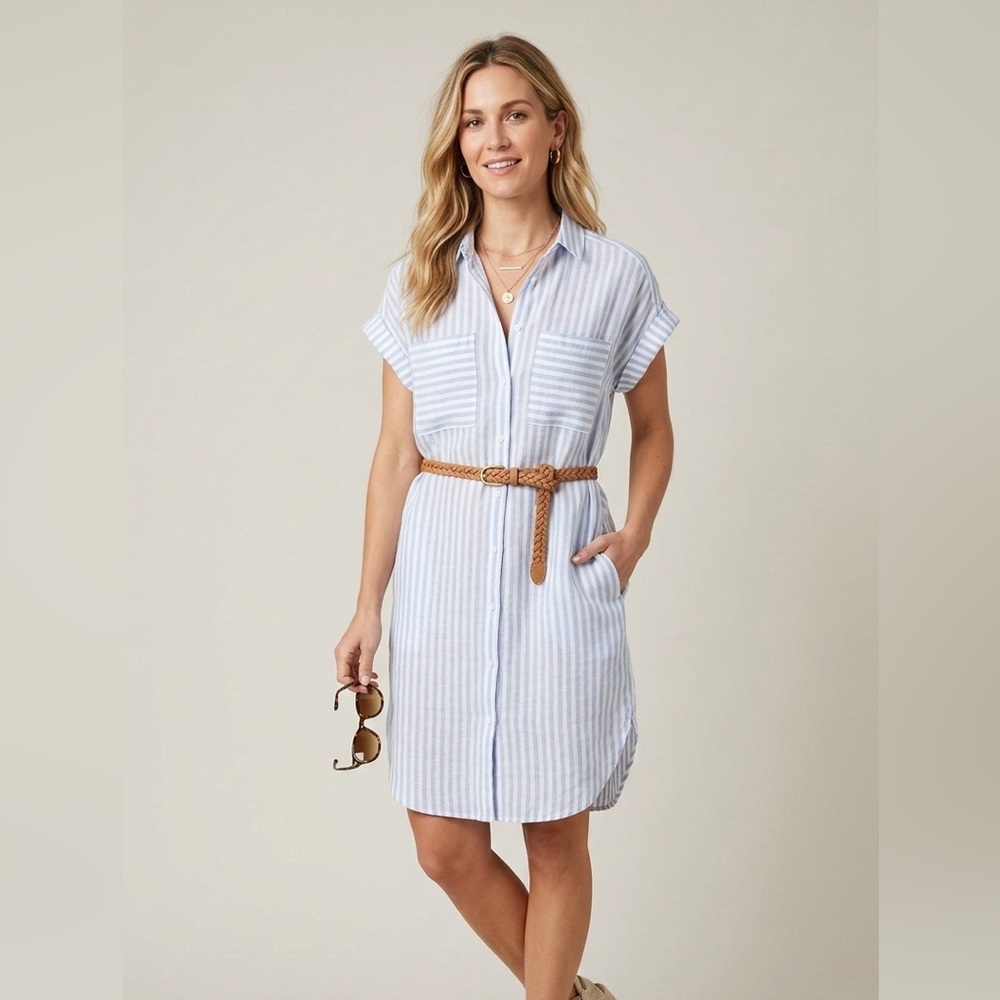 Jazmin Chebar Blue White Linen Button Front T Shirt Dress Size 44 Large